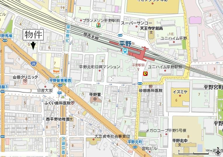 大阪府大阪市平野区平野馬場2丁目の周辺図です。